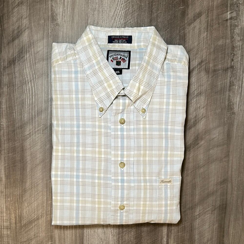 Faconnable Plaid Button‑Down Shirt – Men’s 2XL, Brown/Blue/Tan Check